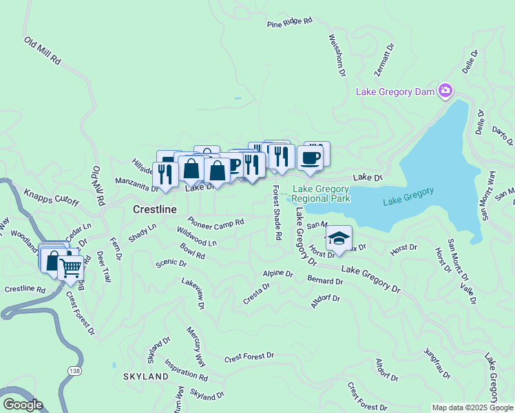 map of restaurants, bars, coffee shops, grocery stores, and more near 625 Lee Bert Way in Crestline