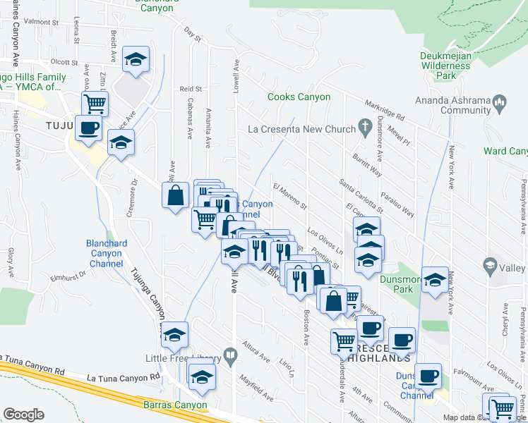 map of restaurants, bars, coffee shops, grocery stores, and more near 3929 Franklin Street in Glendale