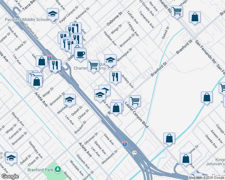map of restaurants, bars, coffee shops, grocery stores, and more near 9521 Laurel Canyon Boulevard in Los Angeles