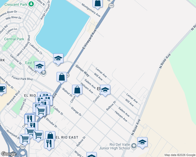 map of restaurants, bars, coffee shops, grocery stores, and more near 402 Will Avenue in Oxnard