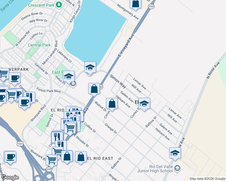 map of restaurants, bars, coffee shops, grocery stores, and more near 3313 Citrus Street in Oxnard