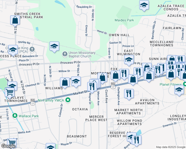 map of restaurants, bars, coffee shops, grocery stores, and more near 204 North 30th Street in Wilmington