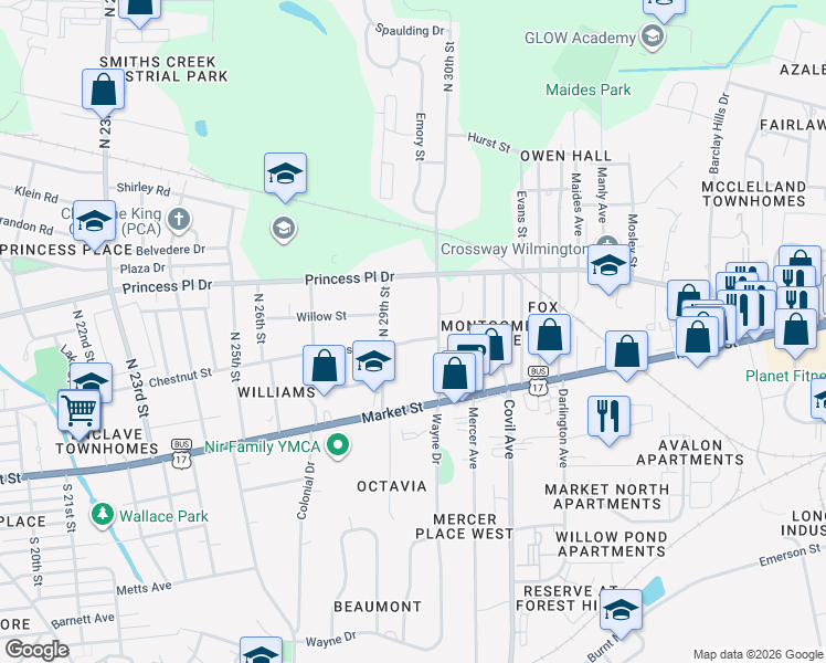 map of restaurants, bars, coffee shops, grocery stores, and more near 2911 Chestnut Street in Wilmington