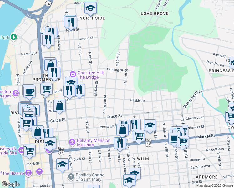 map of restaurants, bars, coffee shops, grocery stores, and more near 508 North 10th Street in Wilmington