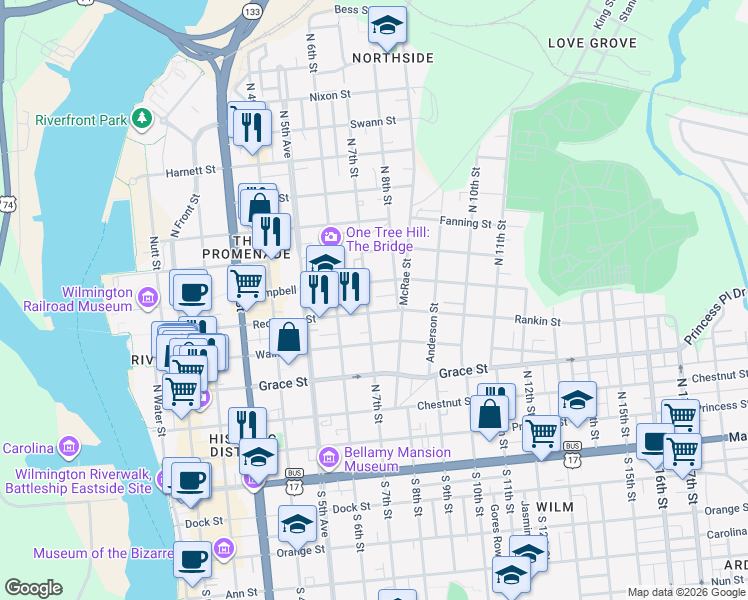 map of restaurants, bars, coffee shops, grocery stores, and more near 509 North 7th Street in Wilmington