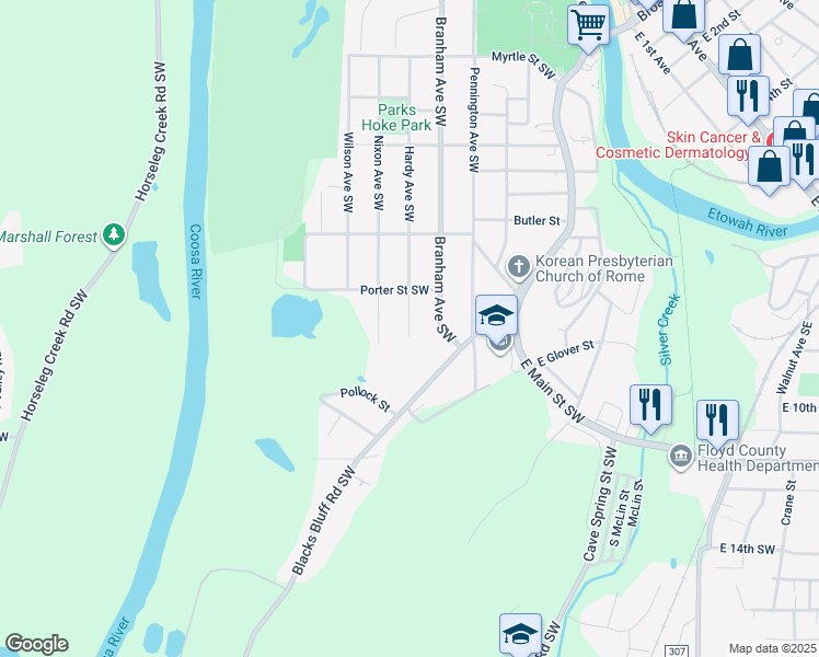 map of restaurants, bars, coffee shops, grocery stores, and more near 536 Branham Avenue Southwest in Rome