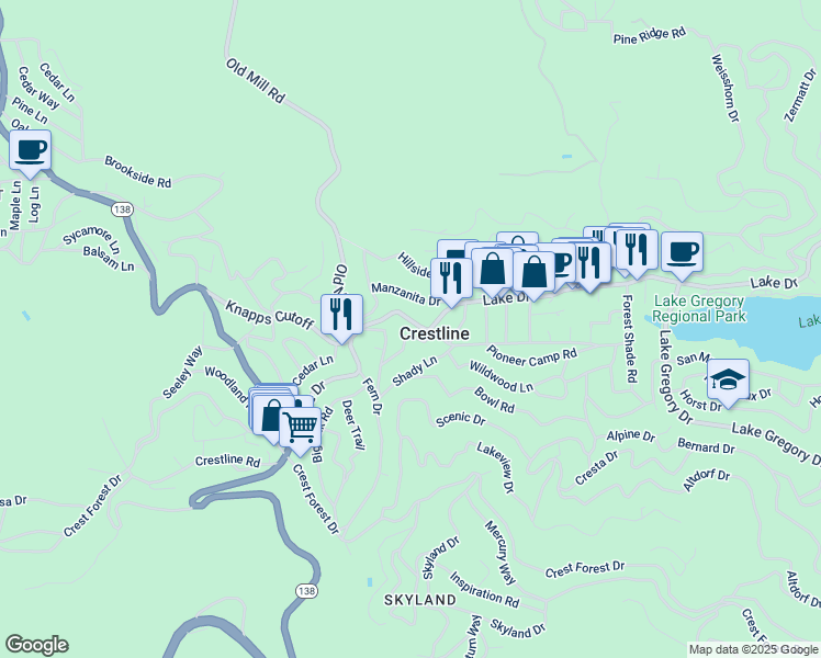 map of restaurants, bars, coffee shops, grocery stores, and more near 23691 Rocky Dell in Crestline