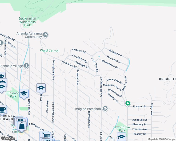 map of restaurants, bars, coffee shops, grocery stores, and more near 2905 Markridge Road in La Crescenta-Montrose