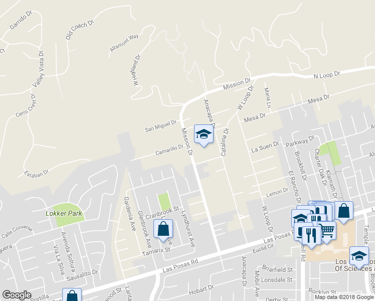 map of restaurants, bars, coffee shops, grocery stores, and more near 529 Mission Drive in Camarillo