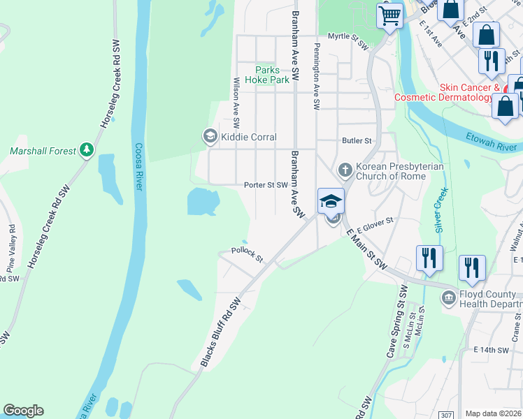 map of restaurants, bars, coffee shops, grocery stores, and more near 609 Nixon Avenue Southwest in Rome