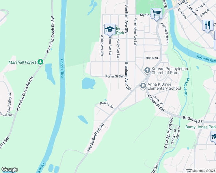 map of restaurants, bars, coffee shops, grocery stores, and more near 608 Nixon Avenue Southwest in Rome