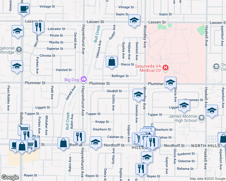 map of restaurants, bars, coffee shops, grocery stores, and more near 16405 Gledhill Street in Los Angeles