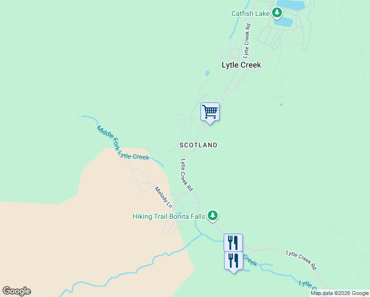 map of restaurants, bars, coffee shops, grocery stores, and more near 13993 Middle Fork Road in Lytle Creek