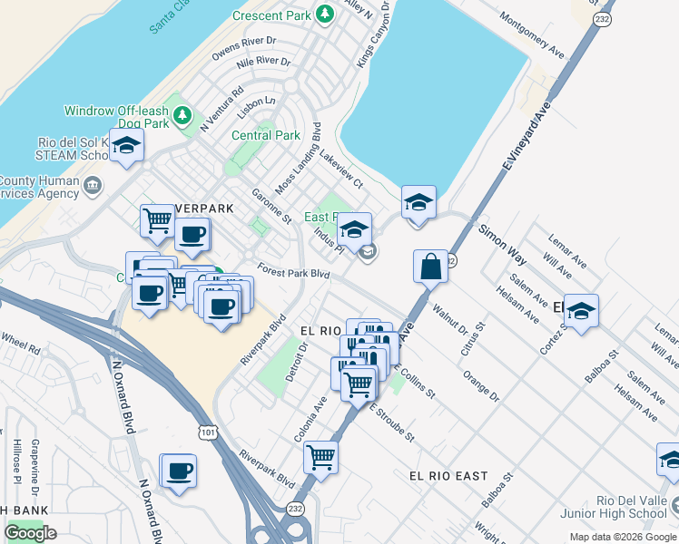 map of restaurants, bars, coffee shops, grocery stores, and more near 302 Forest Park Boulevard in Oxnard