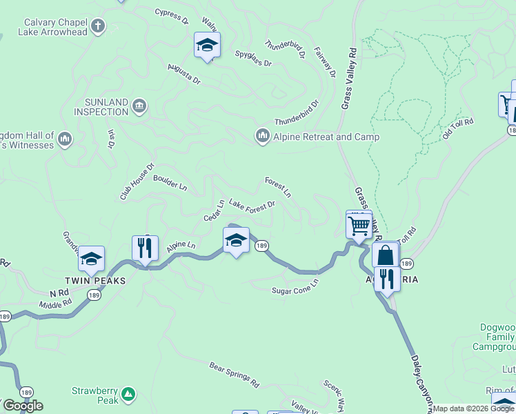 map of restaurants, bars, coffee shops, grocery stores, and more near 26442 Lake Forest Drive in Twin Peaks