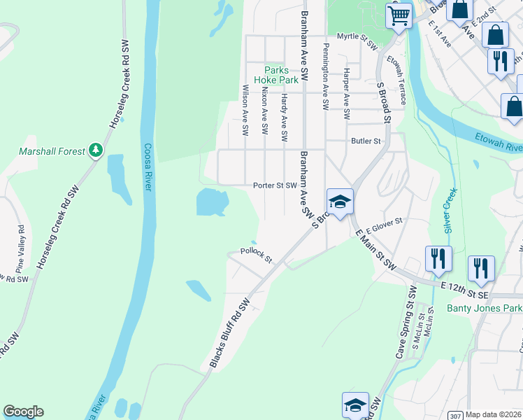 map of restaurants, bars, coffee shops, grocery stores, and more near 609 Nixon Avenue Southwest in Rome
