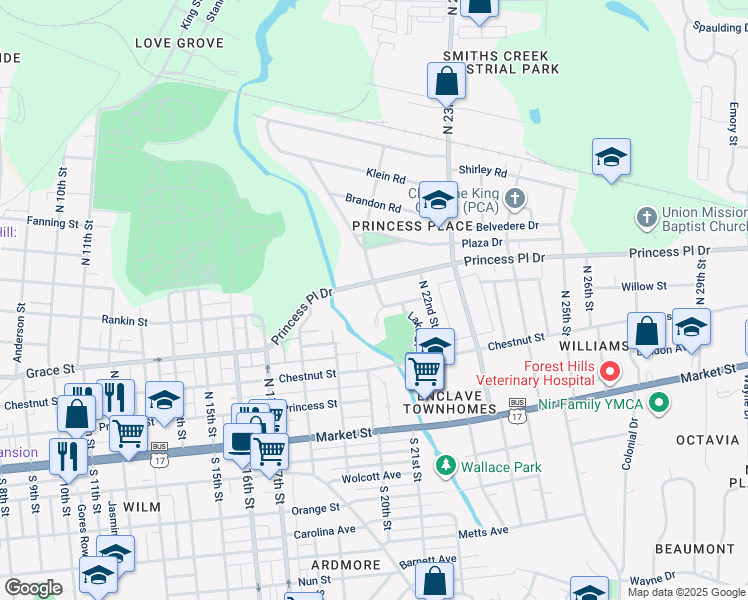 map of restaurants, bars, coffee shops, grocery stores, and more near 305 North 21st Street in Wilmington