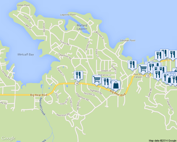 map of restaurants, bars, coffee shops, grocery stores, and more near 583 Highland Road in Big Bear Lake