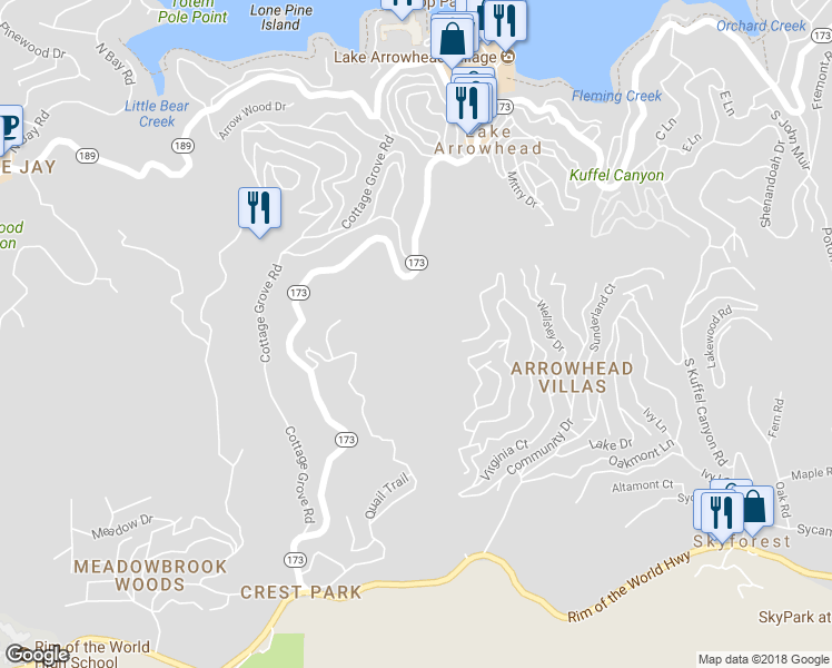 map of restaurants, bars, coffee shops, grocery stores, and more near 341 California 173 in Lake Arrowhead