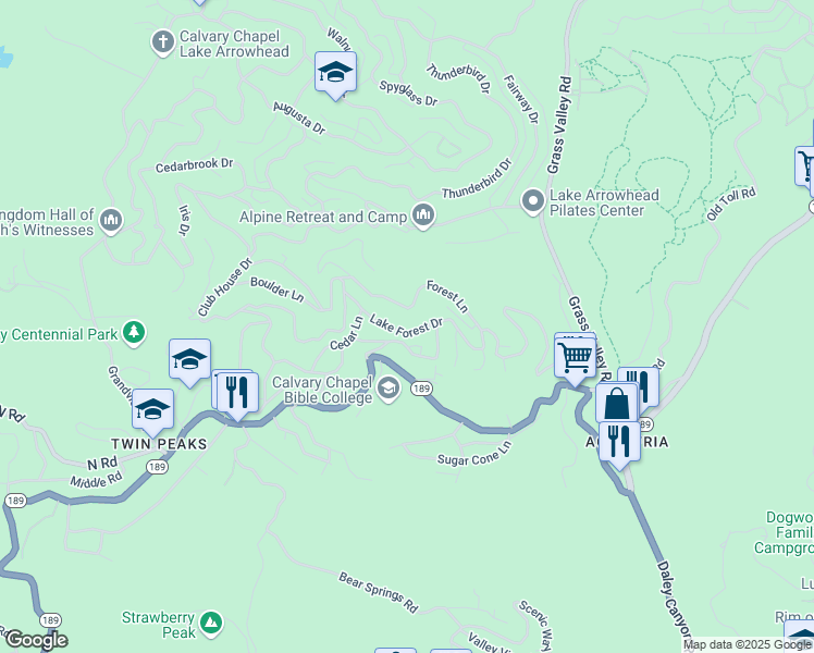 map of restaurants, bars, coffee shops, grocery stores, and more near 26432 Lake Forest Drive in Twin Peaks
