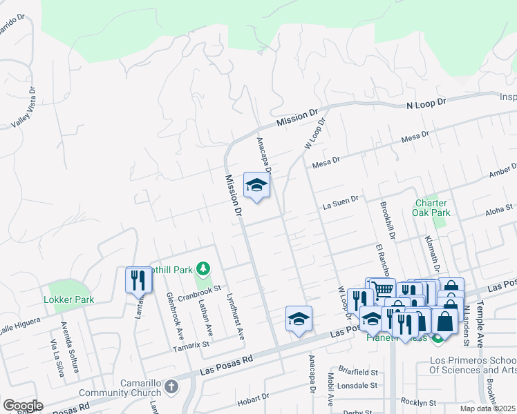 map of restaurants, bars, coffee shops, grocery stores, and more near 35 Catalina Drive in Camarillo