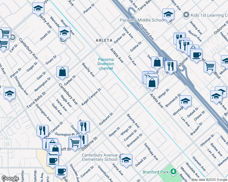 map of restaurants, bars, coffee shops, grocery stores, and more near 13655 Bonanza Street in Los Angeles