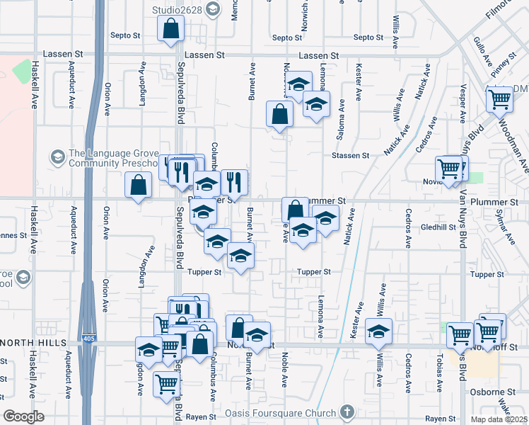 map of restaurants, bars, coffee shops, grocery stores, and more near 9438 Burnet Avenue in Los Angeles
