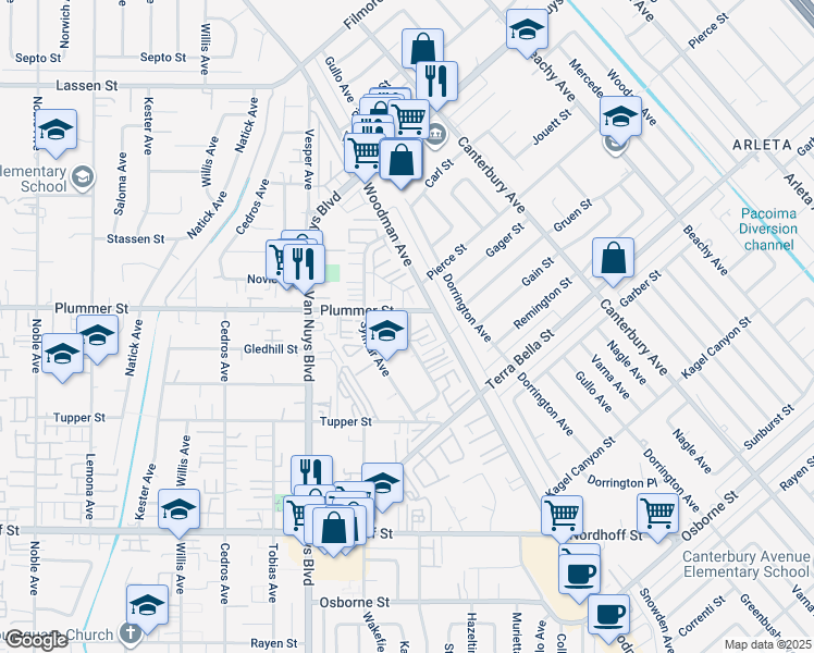 map of restaurants, bars, coffee shops, grocery stores, and more near 14408 Plummer Street in Los Angeles