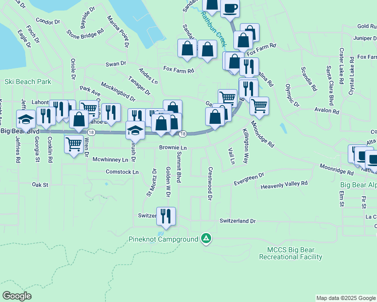 map of restaurants, bars, coffee shops, grocery stores, and more near 562 Ponderosa Drive in Big Bear Lake