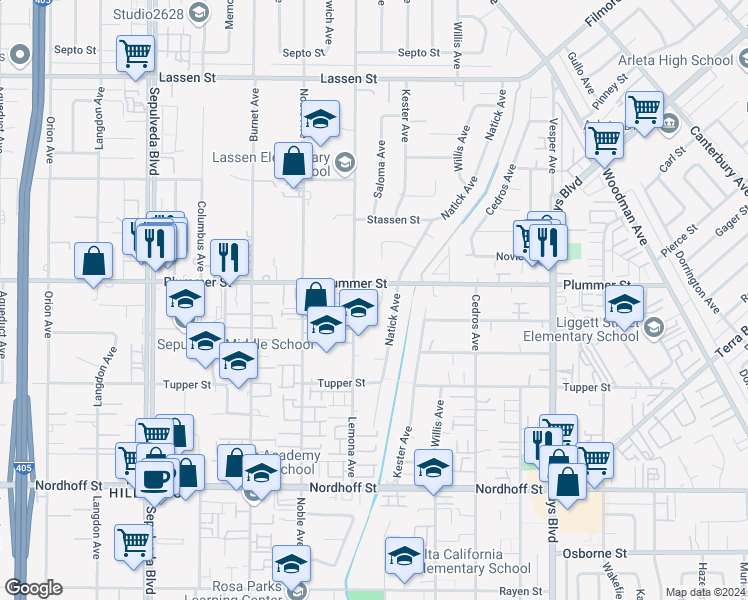 map of restaurants, bars, coffee shops, grocery stores, and more near 9447 Hendrix Lane in Los Angeles