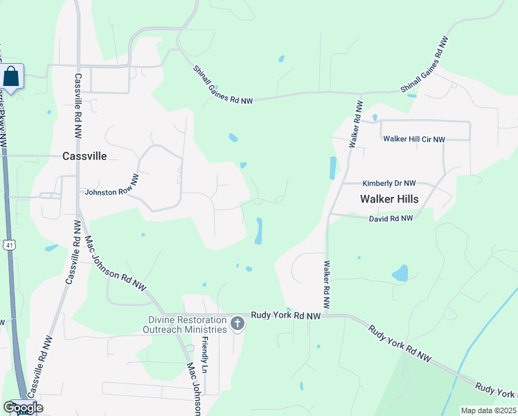 map of restaurants, bars, coffee shops, grocery stores, and more near 18 Starlight Drive in Cartersville