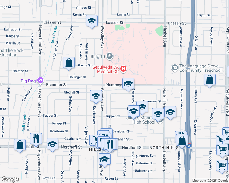 map of restaurants, bars, coffee shops, grocery stores, and more near 16113 Gledhill Street in Los Angeles