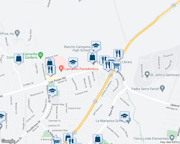 map of restaurants, bars, coffee shops, grocery stores, and more near 4243 Vincente Avenue in Camarillo