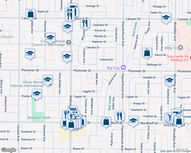 map of restaurants, bars, coffee shops, grocery stores, and more near 9437 Petit Avenue in Los Angeles
