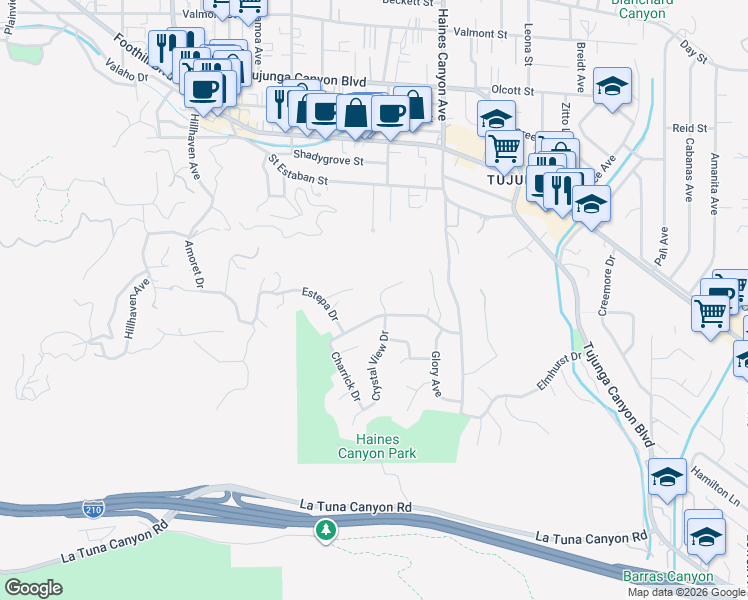 map of restaurants, bars, coffee shops, grocery stores, and more near 9619 Crystal View Drive in Los Angeles