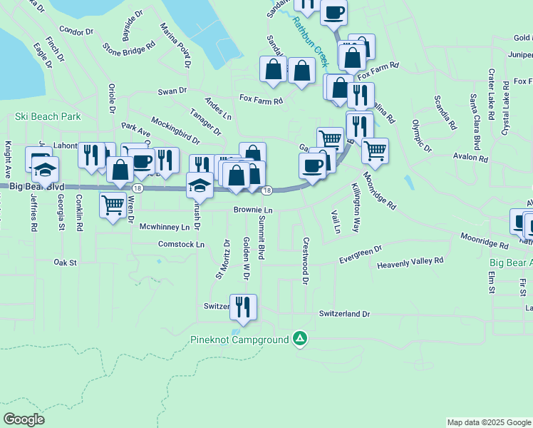 map of restaurants, bars, coffee shops, grocery stores, and more near 569 Summit Boulevard in Big Bear Lake