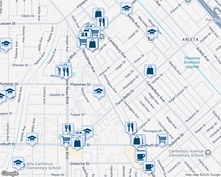 map of restaurants, bars, coffee shops, grocery stores, and more near 9465 Dorrington Avenue in Los Angeles