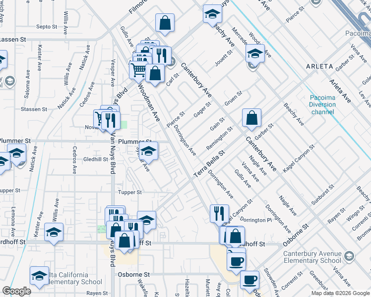 map of restaurants, bars, coffee shops, grocery stores, and more near 9465 Dorrington Avenue in Los Angeles