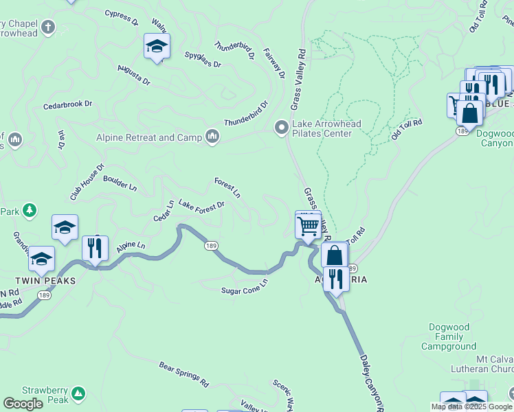 map of restaurants, bars, coffee shops, grocery stores, and more near 26576 Lake Forest Drive in Twin Peaks