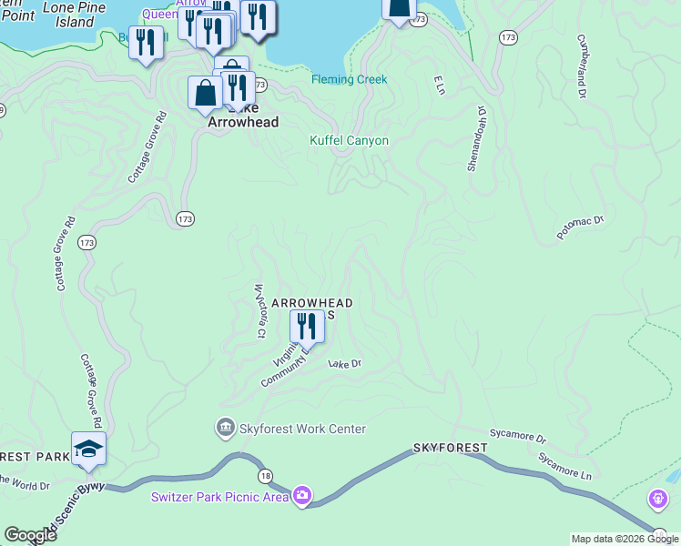 map of restaurants, bars, coffee shops, grocery stores, and more near 628 Arrowhead Villa Road in Lake Arrowhead