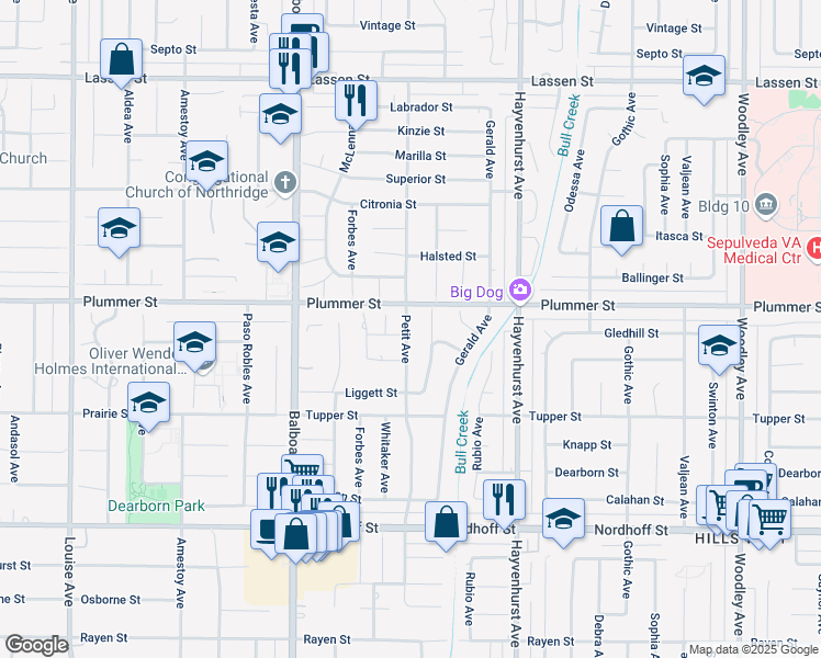 map of restaurants, bars, coffee shops, grocery stores, and more near 9437 Petit Avenue in Los Angeles