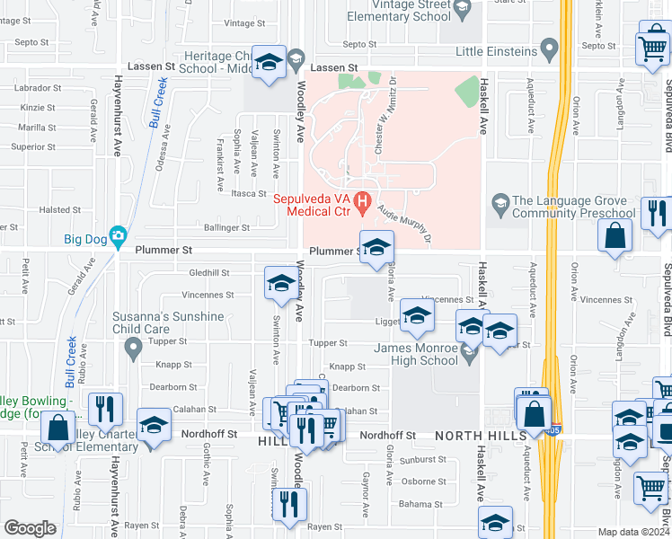 map of restaurants, bars, coffee shops, grocery stores, and more near 16113 Gledhill Street in Los Angeles