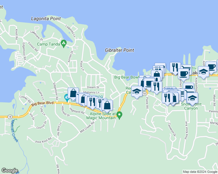 map of restaurants, bars, coffee shops, grocery stores, and more near 560 Talmadge Road in Big Bear Lake