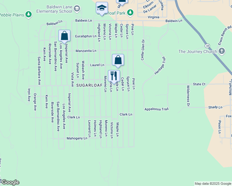 map of restaurants, bars, coffee shops, grocery stores, and more near 552 Maple Lane in Big Bear
