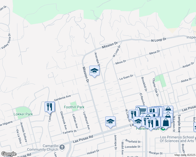 map of restaurants, bars, coffee shops, grocery stores, and more near 35 Catalina Drive in Camarillo