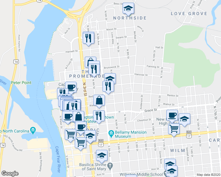 map of restaurants, bars, coffee shops, grocery stores, and more near 507 North 6th Street in Wilmington