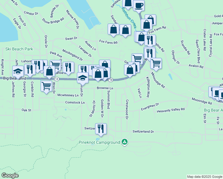 map of restaurants, bars, coffee shops, grocery stores, and more near 572 Ponderosa Drive in Big Bear Lake
