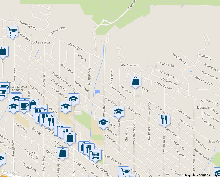 map of restaurants, bars, coffee shops, grocery stores, and more near 3353 Brookhill Street in Glendale
