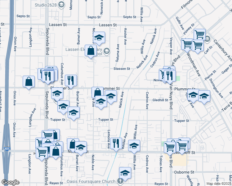 map of restaurants, bars, coffee shops, grocery stores, and more near 14931 Isamar Lane in Los Angeles