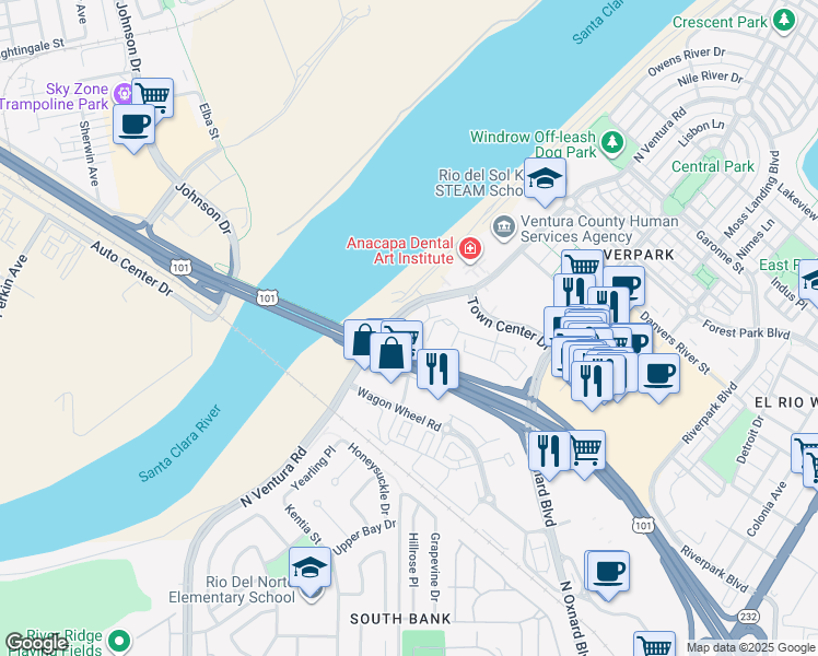 map of restaurants, bars, coffee shops, grocery stores, and more near 2775 North Ventura Road in Oxnard